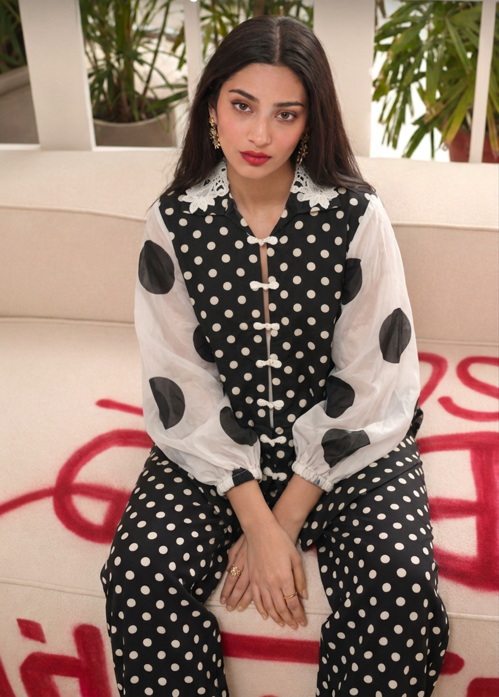 Dot Noir co-ord with lace collar and sheer sleeves