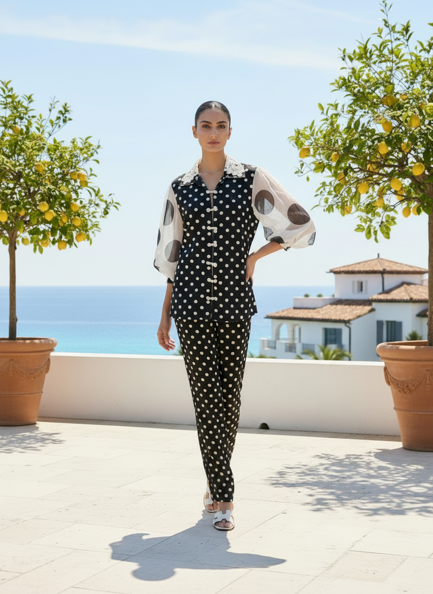 Dot Noir co-ord between lemon trees