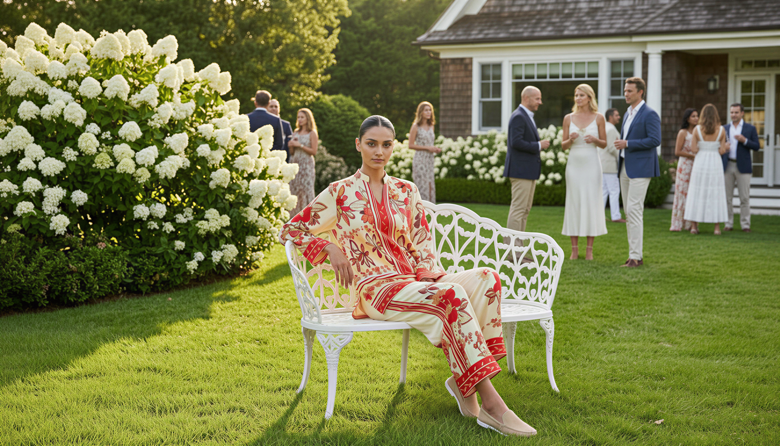 Gulmohar co-ord on a white iron bench, hydrangeas behind